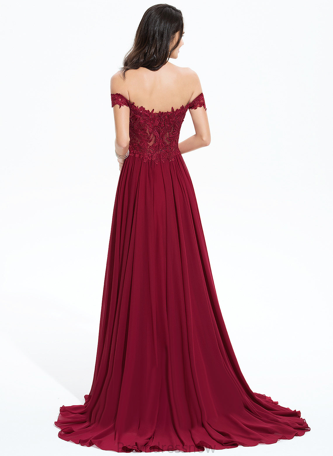Natalie A-Line Prom Dresses Off-the-Shoulder Lace Sweep Sequins Chiffon Train With