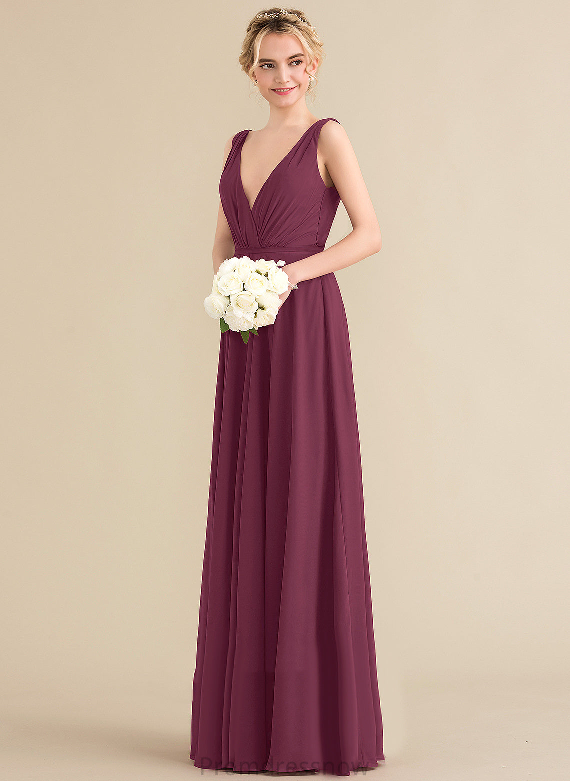 V-neck A-Line Pleated Prom Dresses With Chiffon Liz Floor-Length