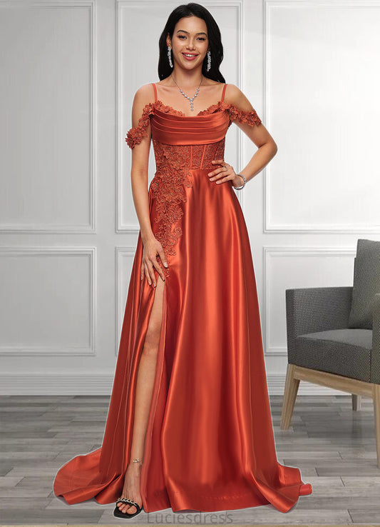 Esme A-line Off the Shoulder Sweep Train Satin Prom Dresses With Rhinestone HFP0022208