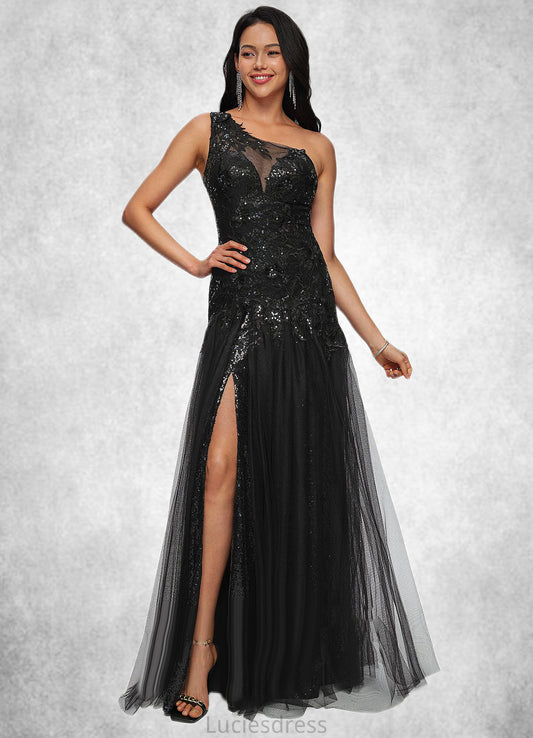 Jordin Trumpet/Mermaid One Shoulder Illusion Floor-Length Lace Tulle Prom Dresses With Sequins HFP0022217