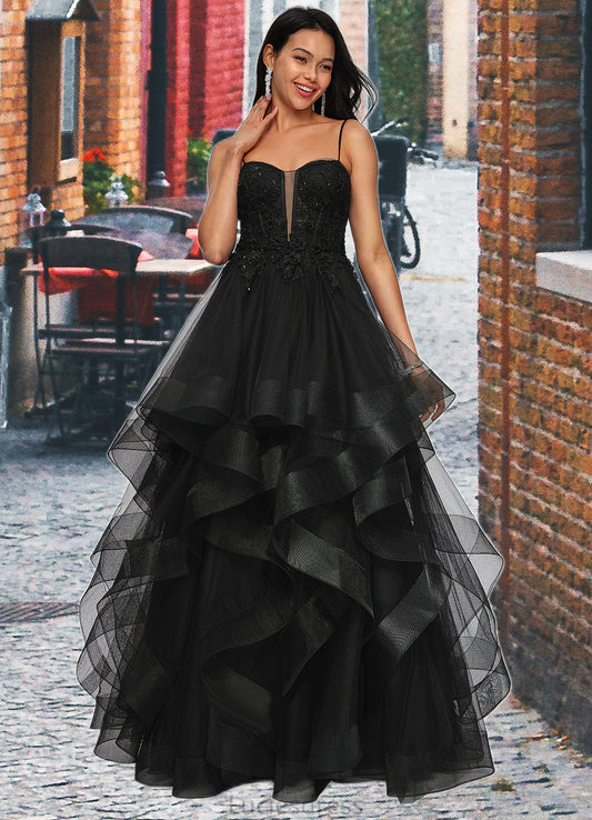 Zaniyah Ball-Gown/Princess Sweetheart Floor-Length Tulle Prom Dresses With Appliques Lace Sequins HFP0022220