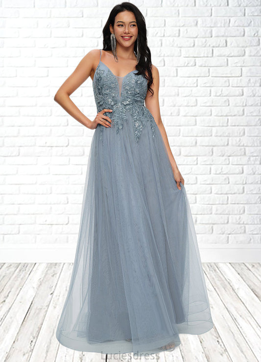 Adrianna A-line V-Neck Floor-Length Tulle Prom Dresses With Appliques Lace Sequins HFP0022223