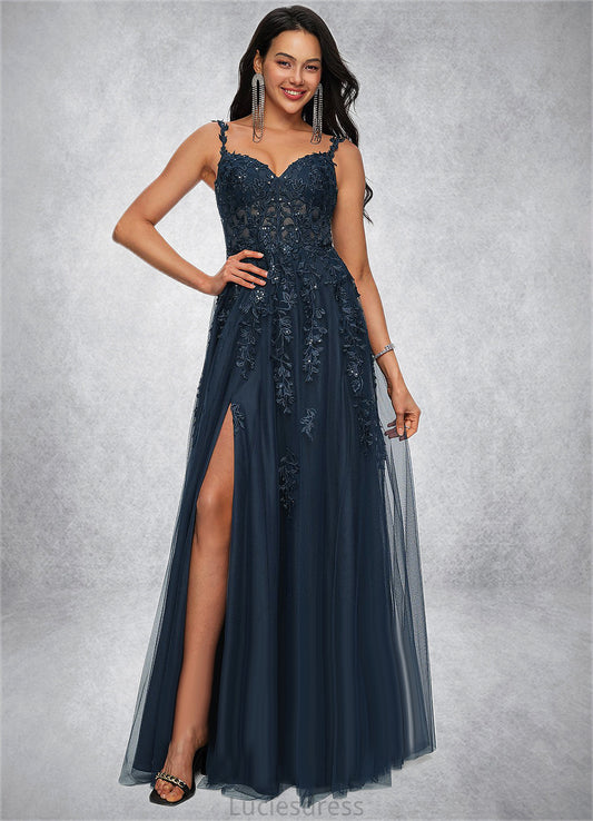 Kiara A-line V-Neck Floor-Length Tulle Prom Dresses With Sequins HFP0022224