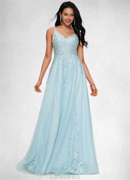 Dana A-line V-Neck Floor-Length Tulle Prom Dresses With Rhinestone Appliques Lace Sequins HFP0022225