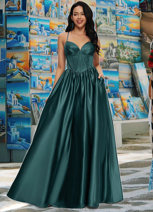 Jocelynn Ball-Gown/Princess V-Neck Floor-Length Satin Prom Dresses With Pleated HFP0022230
