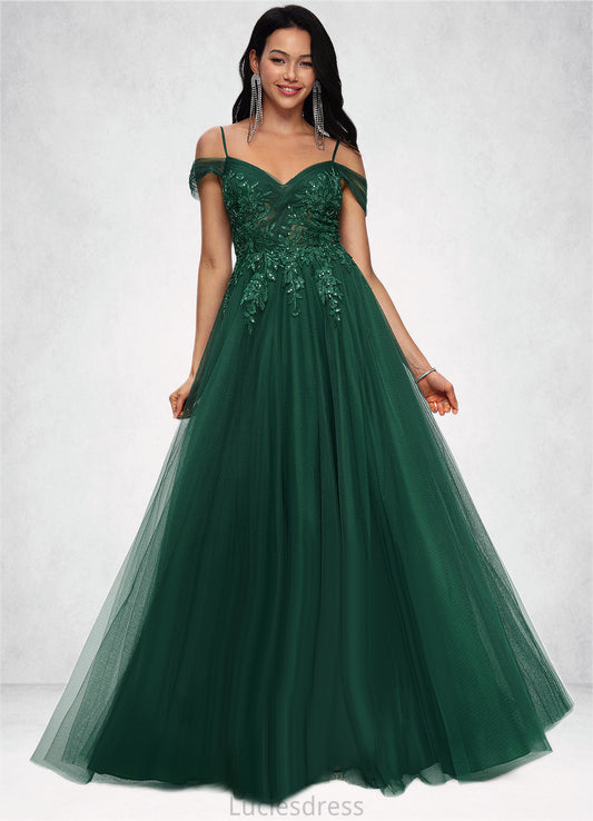 Kayden A-line Off the Shoulder Floor-Length Tulle Prom Dresses With Appliques Lace Sequins HFP0022231