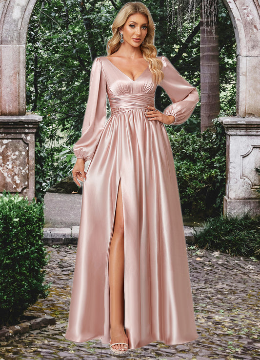 Lauren A-line V-Neck Floor-Length Stretch Satin Bridesmaid Dress HFP0022597