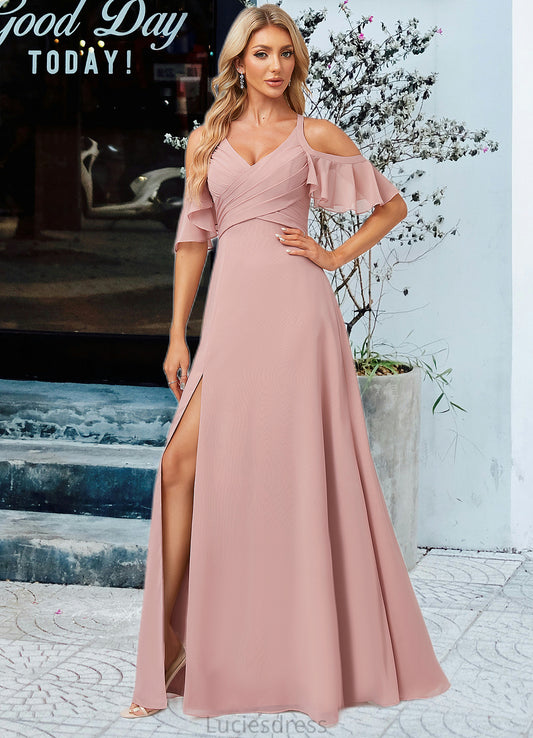 Karla A-line Cold Shoulder Floor-Length Chiffon Bridesmaid Dress With Ruffle HFP0022599
