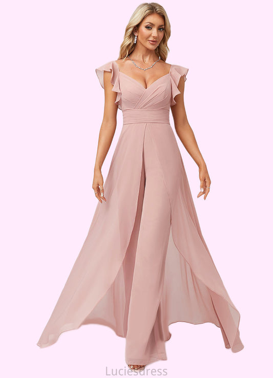 Janiya Jumpsuit/Pantsuit V-Neck Floor-Length Chiffon Bridesmaid Dress With Ruffle HFP0022600