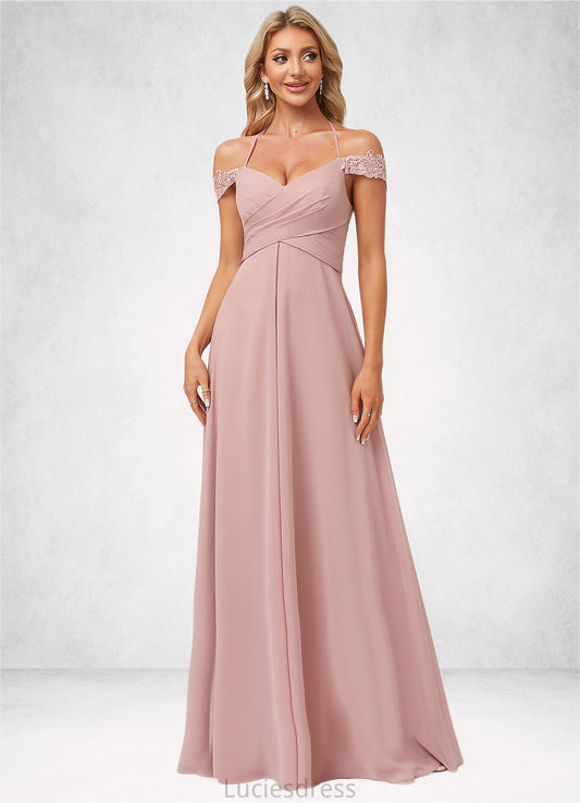 Abigail A-line Cold Shoulder Halter Floor-Length Chiffon Lace Bridesmaid Dress HFP0022601