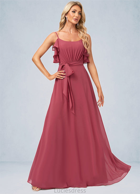 Mina A-line V-Neck Floor-Length Chiffon Bridesmaid Dress With Ruffle HFP0022604