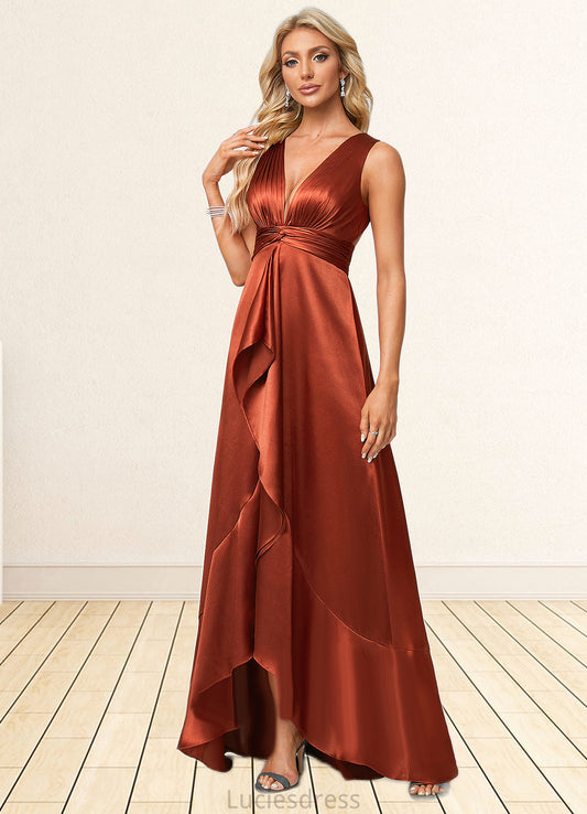 Dulce A-line V-Neck Asymmetrical Stretch Satin Bridesmaid Dress With Ruffle HFP0022606