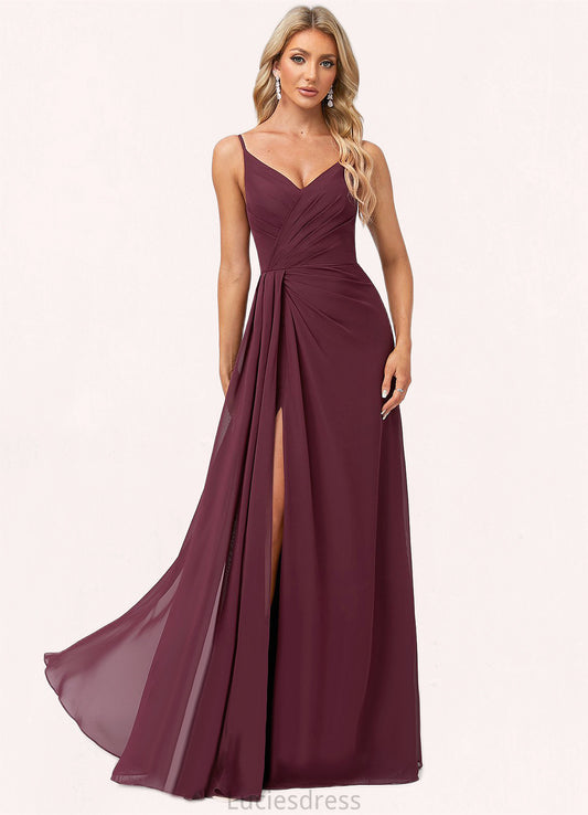 Angie A-line V-Neck Floor-Length Chiffon Bridesmaid Dress With Ruffle HFP0022611