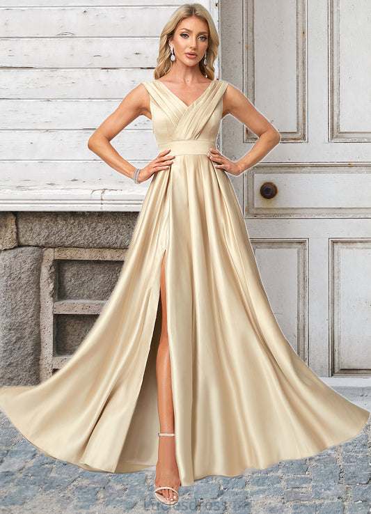 Raina A-line V-Neck Floor-Length Satin Bridesmaid Dress HFP0022612