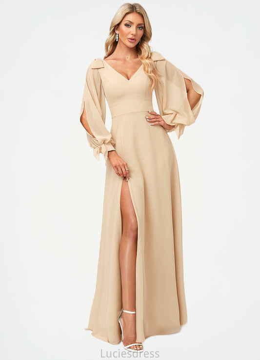 Kaylyn A-line V-Neck Floor-Length Chiffon Bridesmaid Dress With Bow HFP0022613