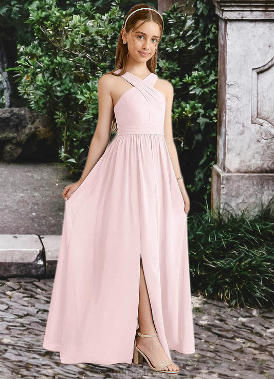 Athena A-Line Pleated Chiffon Floor-Length Junior Bridesmaid Dress Blushing Pink HFP0022849