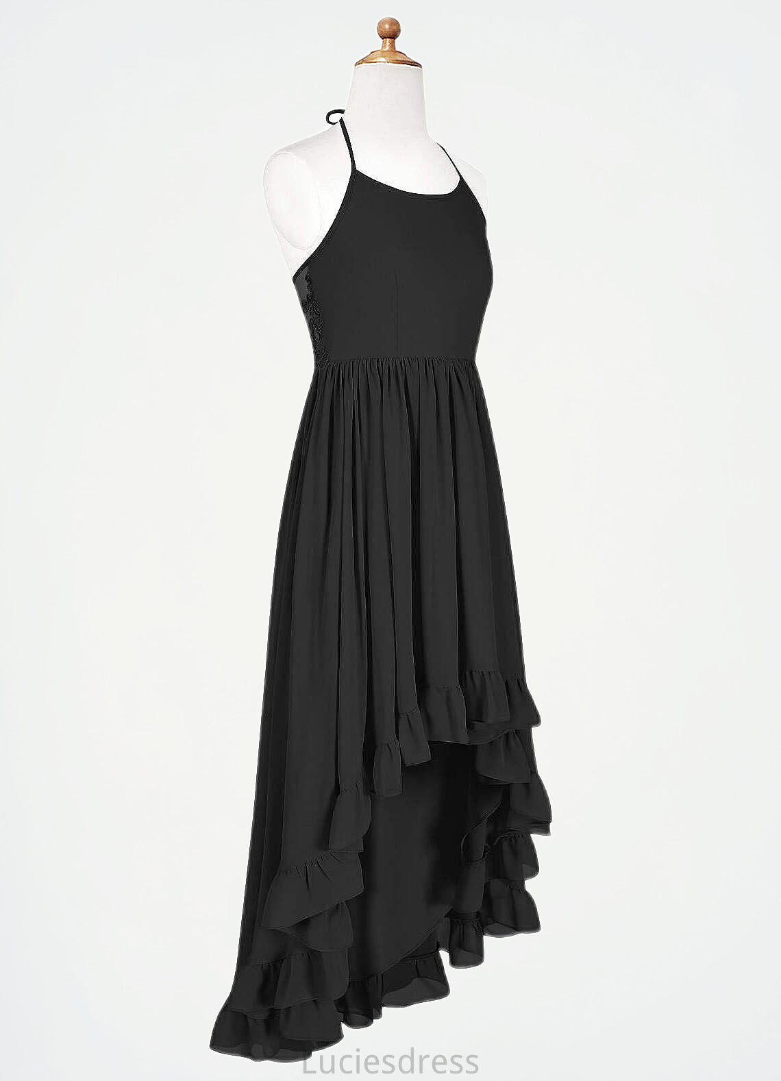Josephine A-Line Lace Chiffon Asymmetrical Junior Bridesmaid Dress black HFP0022855