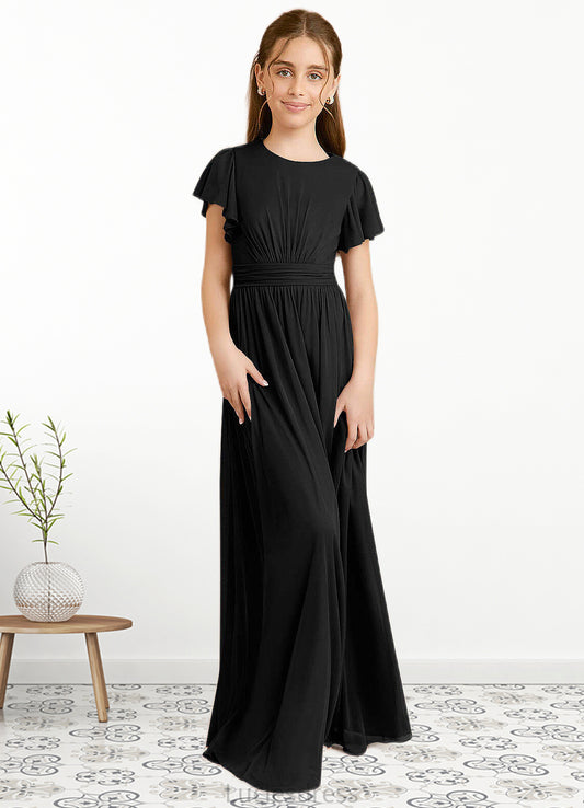 Hayden A-Line Ruched Mesh Floor-Length Junior Bridesmaid Dress black HFP0022857