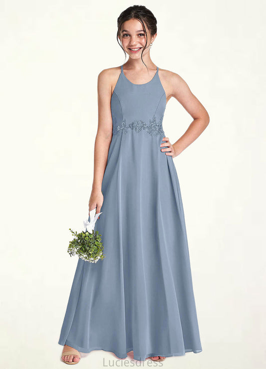 Jaycee A-Line Lace Chiffon Floor-Length Junior Bridesmaid Dress dusty blue HFP0022860