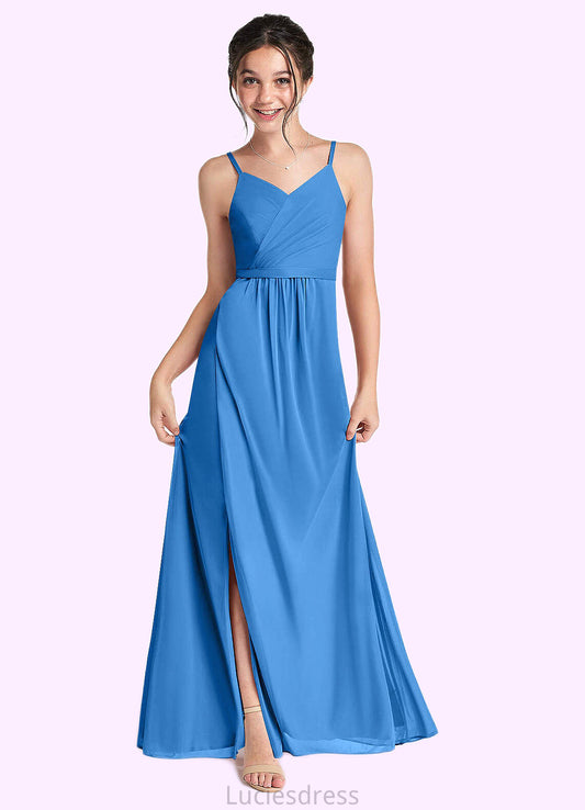 Yuliana Pleated Mesh Floor-Length Junior Bridesmaid Dress Blue Jay HFP0022861
