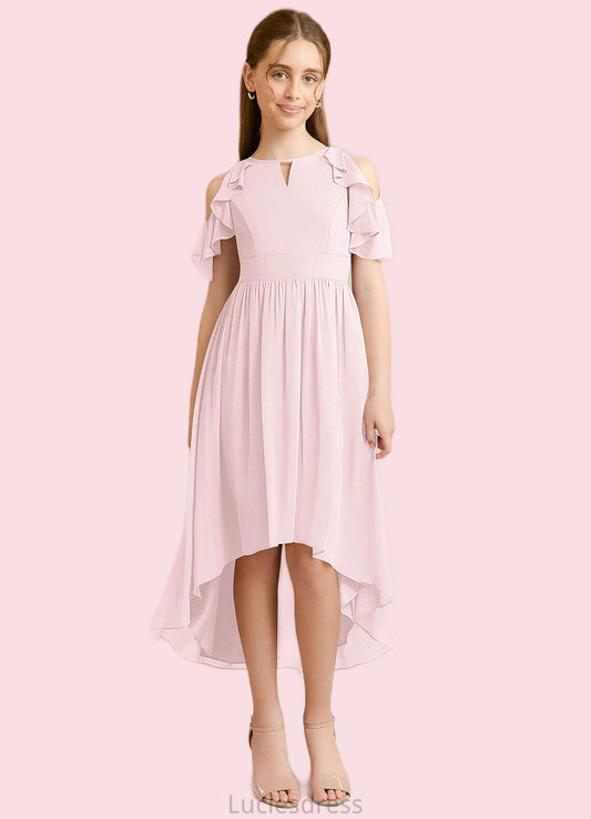 Autumn A-Line Ruched Chiffon Asymmetrical Junior Bridesmaid Dress Blushing Pink HFP0022862