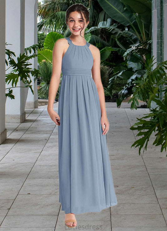 Bria A-Line Lace Chiffon Floor-Length Junior Bridesmaid Dress dusty blue HFP0022871