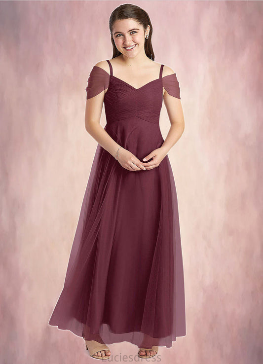 Kimberly A-Line Off the Shoulder Tulle Floor-Length Junior Bridesmaid Dress Cabernet HFP0022873